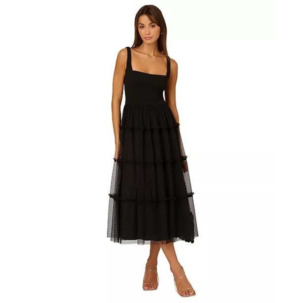 Adrianna Papell NWOT Womens Black Tiered Tulle Midi‎ Dress Square Neck Size 6